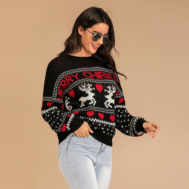 Christmas Deer Color Matching Sweater Women