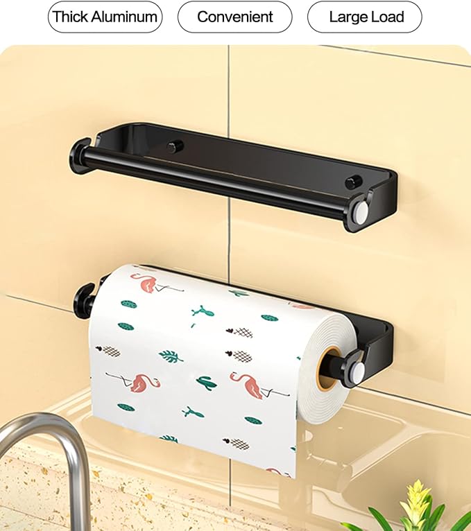 Paper Towel Holder Under Cabinet for Kitchen,Wall Mount Paper Towel Holder Paper Roll Holder,Self Adhesive or Screw Mounting Paper Towel Holder Wall Mount for Kitchen, Pantry (Black，1 Pack)