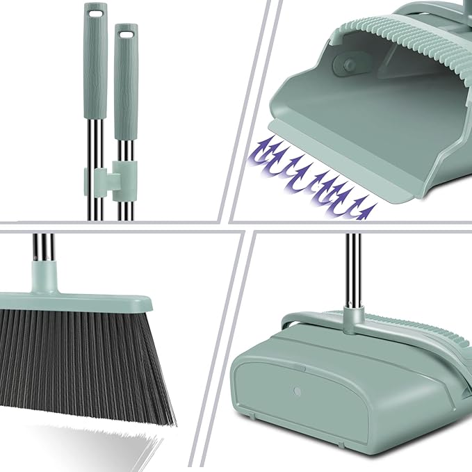 kelamayi Upgrade Broom and Dustpan Set, Large Size and Stiff Broom Dust pan with Long Handle, Upright,Ideal for Indoor Outdoor