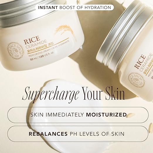 The Face Shop Rice Ceramide Moisturizing Cream - Rice Extract + Rice Bran Oil - Hydrating Targets Dryness, Brightening - Dermatologically Tested - Lightweight Moisturizer Face Cream - Korean Skin Care