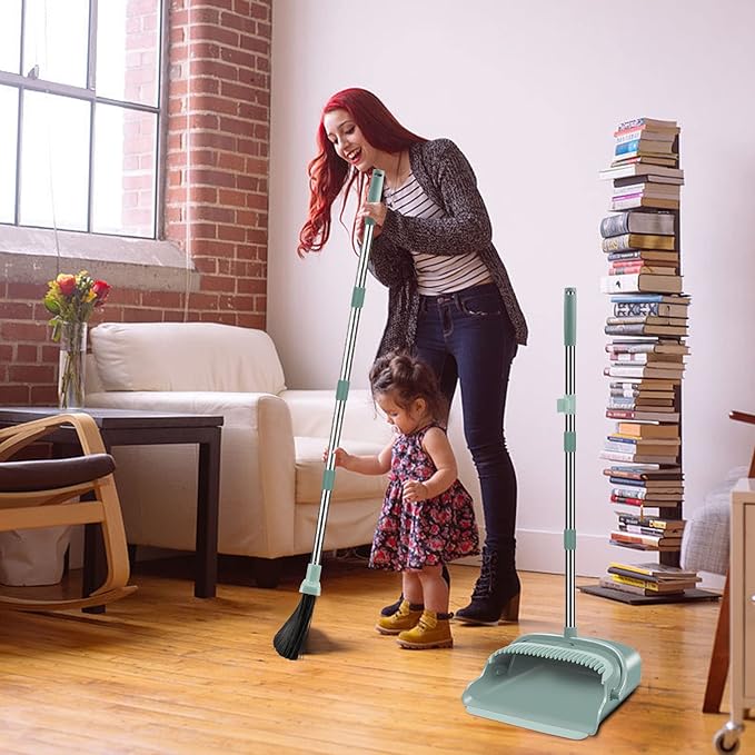 kelamayi Upgrade Broom and Dustpan Set, Large Size and Stiff Broom Dust pan with Long Handle, Upright,Ideal for Indoor Outdoor