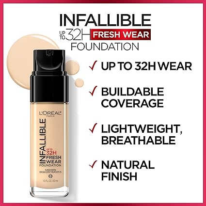 L'Oreal Paris Makeup Infallible Up to 32 Hour Fresh Wear Lightweight Foundation, 495 Amber