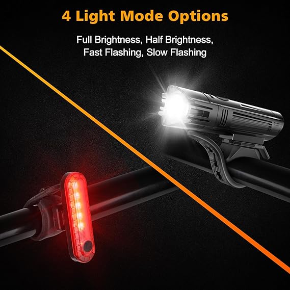 Ascher Ultra Bright USB Rechargeable Bike Light Set, Powerful Bicycle Front Headlight and Back Taillight, 4 Light Modes, Easy to Install for Men Women Kids Road Mountain Cycling Black