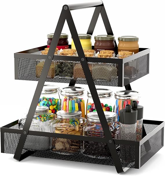 EKNITEY Tiered Snack Organizer Countertop - Metal Kitchen Counter Organizer Small Coffee Station Organize for Home, Picnic, Office (Black)