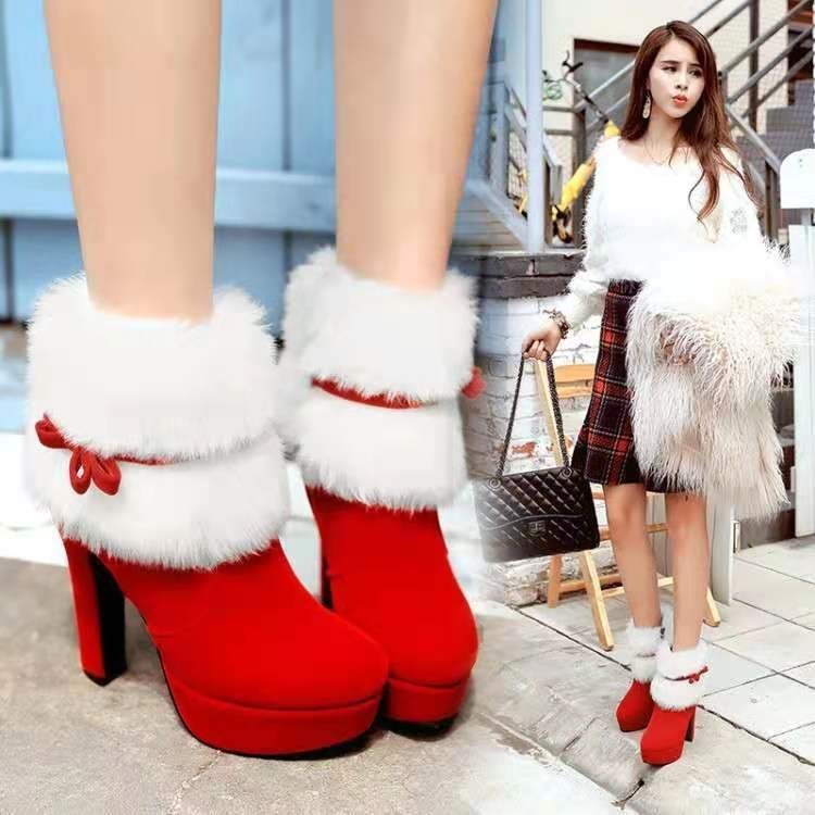 Plush Winter Boots Christmas Shoes High Heel Party Shoes